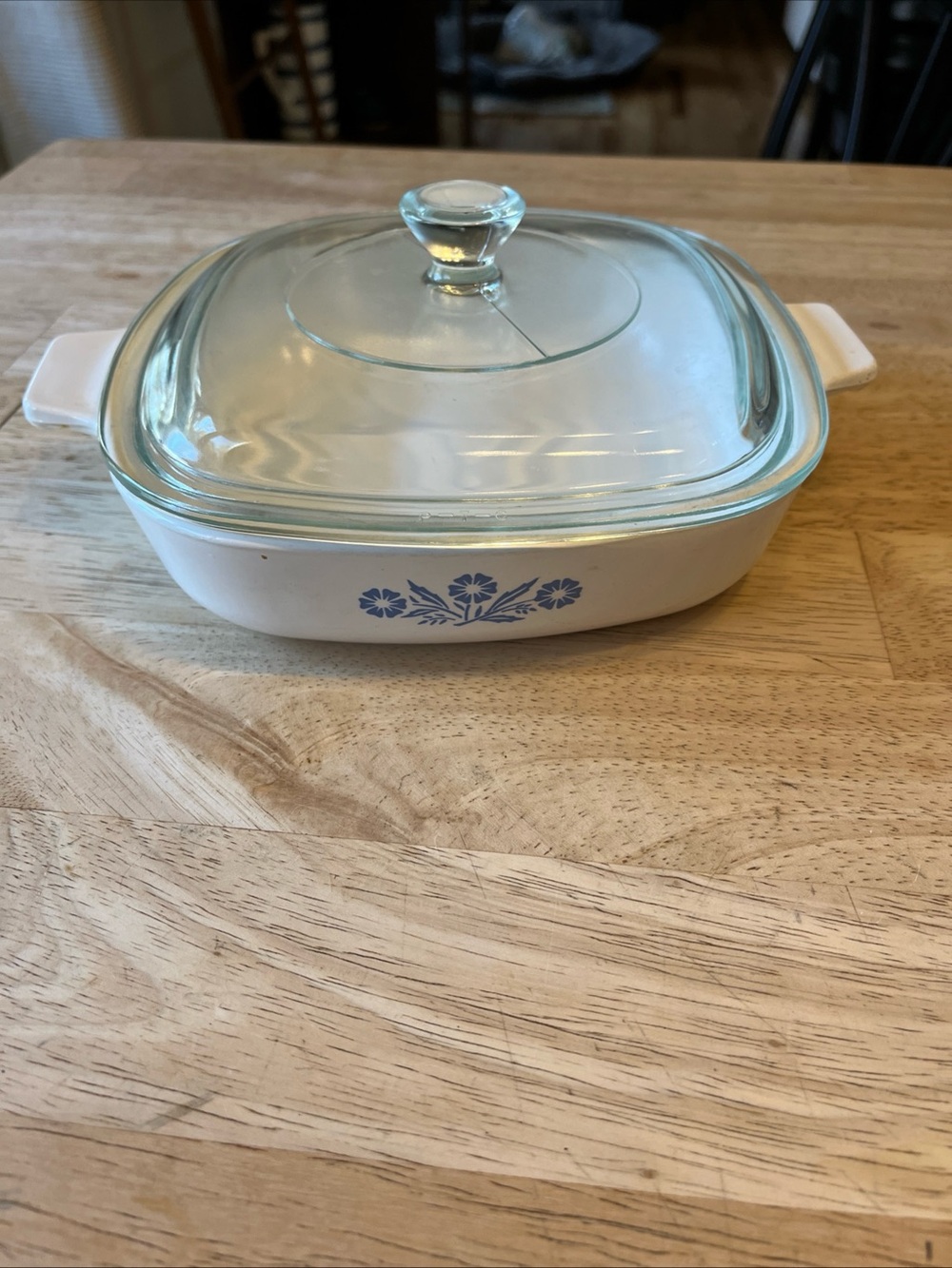 Corningware White Baking Dish with Blue Floral Trim and Glass Lid